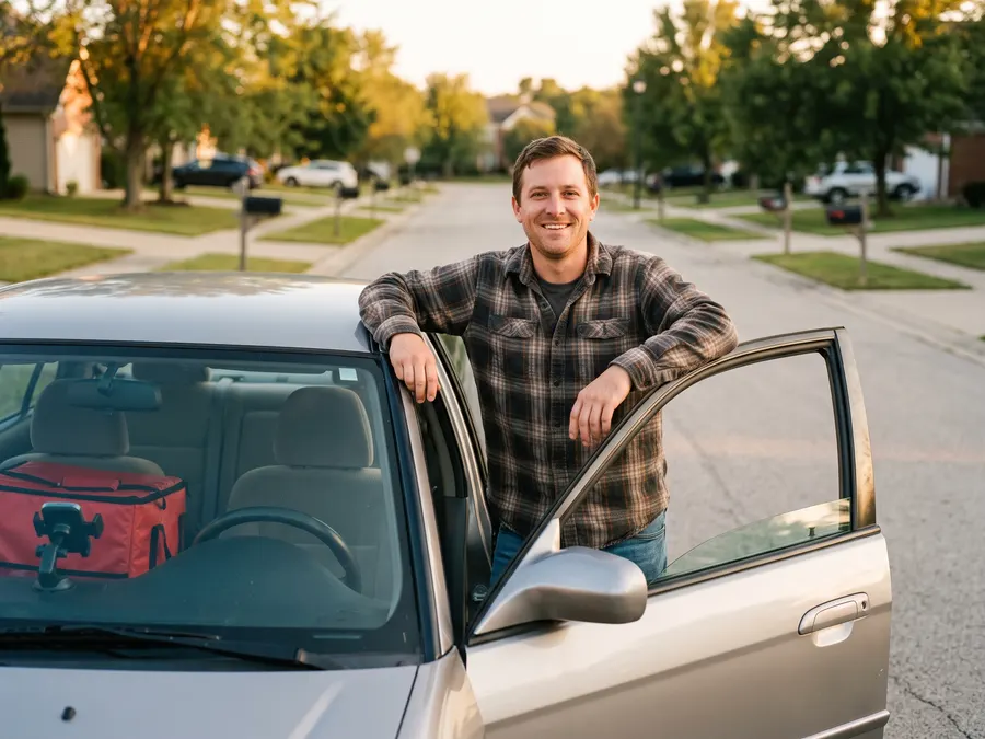 A rideshare driver in their car