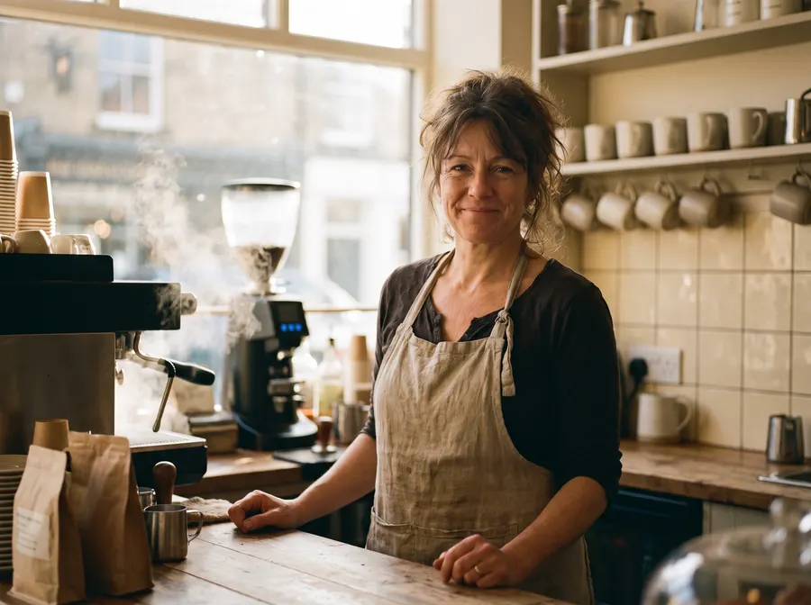 A hospitality worker in a restaurant at golden hour