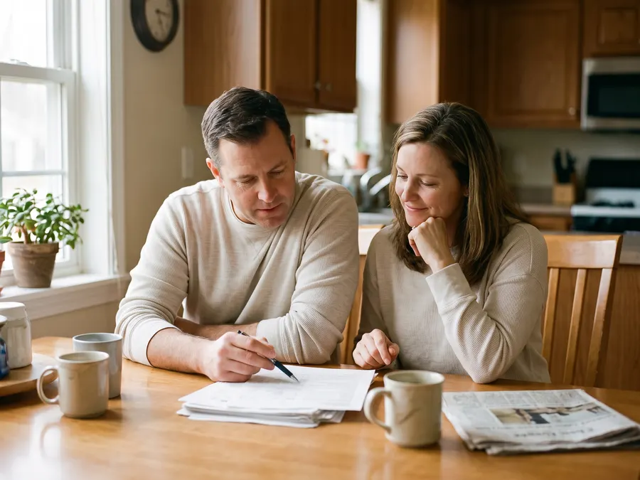 A couple working out what a month of coverage costs at their kitchen table