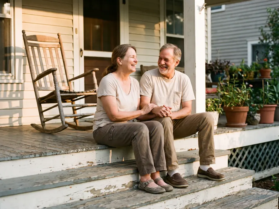 An older couple sitting on their porch steps