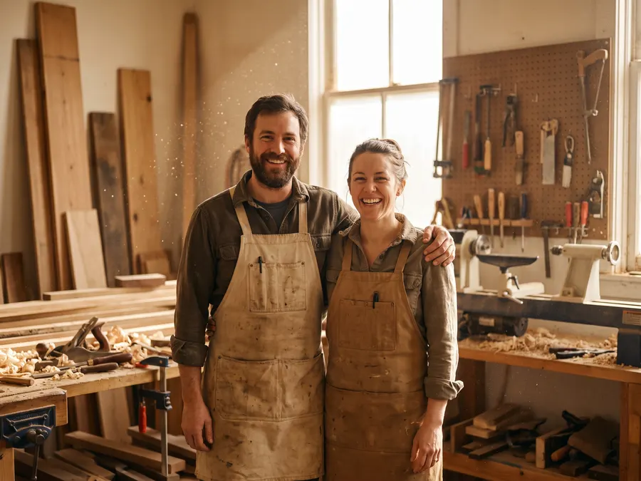 Two people in aprons in their woodworking shop