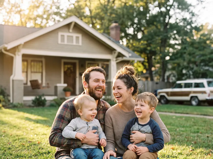 Parents on the lawn with two young children